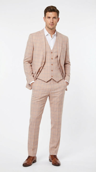 Men’s Orange Plaid 3 Piece Suit – Orange Check Formal Suit with Vest for Wedding, Business Event Peach Salmon Color