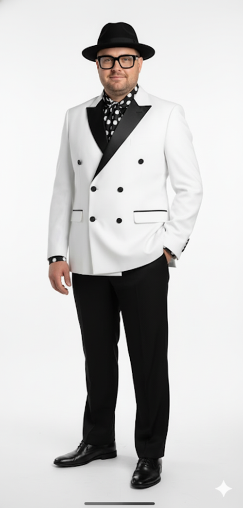Men’s White and Black Double-Breasted Tuxedo – Modern Slim Fit Formal Suit for Weddings, Parties, and Special Occasions