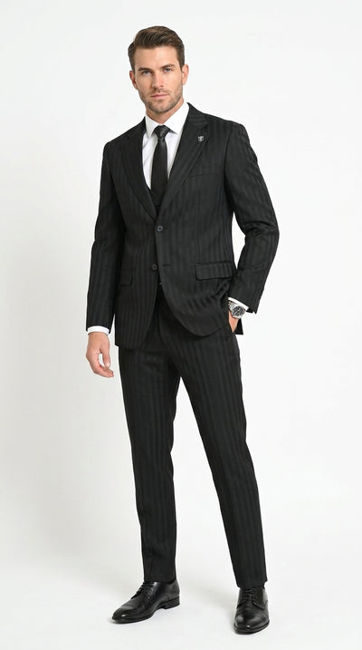 Men’s Black Tonal Shadow Pinstripe Vested Suit – 3 Piece Classic Fit Formal Wedding & Business Suit By Vitali