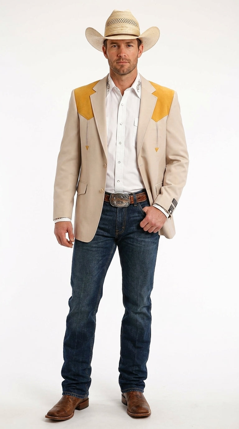 Men’s Beige and Gold Western Cowboy Blazer – Classic Western Style Jacket, Vintage Country Dress in Bone Color – SuitUSA