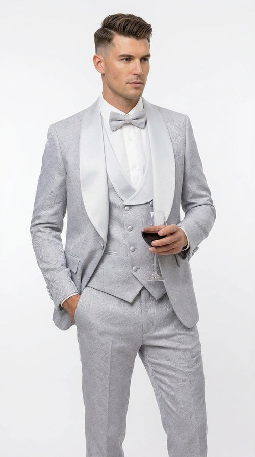 Mens Light Silver Wedding Tuxedo Suit β Paisley Fabric Three Piece Formal Suit Set with Shawl Lapel for Groom, Prom, Gala and ice Grey