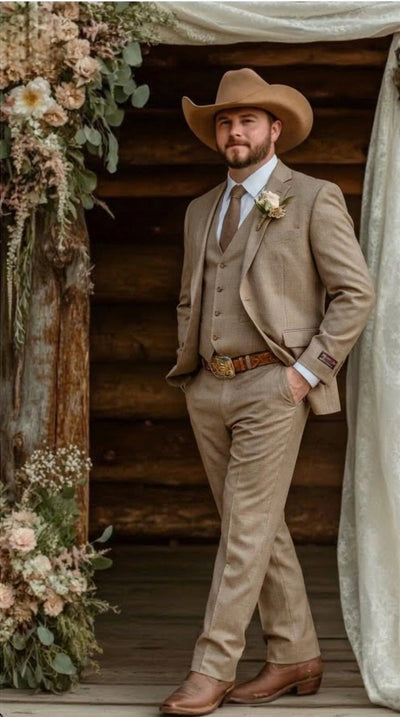 Mens Sharkskin Dark Taupe Tan with sheen Western 3 Piece Suit – Classic Country Style Blazer Vest Pants Set, Formal Cowboy Suit Outfit