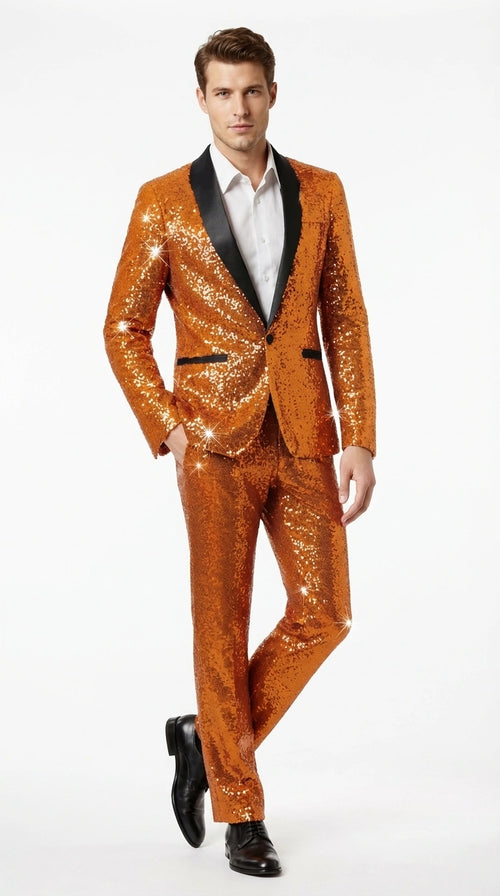 Mens Orange Sequin Tuxedo Suit β Shiny Wedding Suit Set with Black Lapel for Prom, Party, Gala and Formal Evening Wear - Goldish Orange