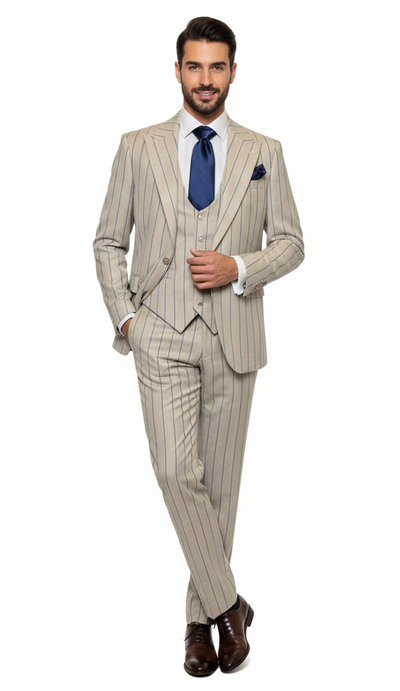 Men's Beige with blue Pinstripe Three-Piece Suit with Vest by Rossiman Vested Peak Lapel in Tan Stripe 1920s style by USA Men's Outlet