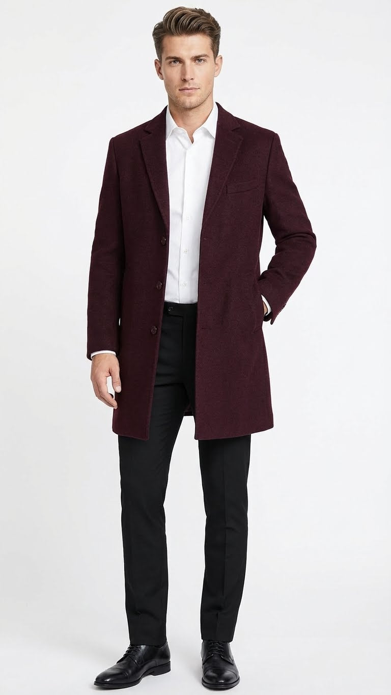 Men’s Burgundy Mid-Length Overcoat – Classic Fit Wool Blend Dress Coat Three Quarter Carcoat Topcoat – SuitUSA