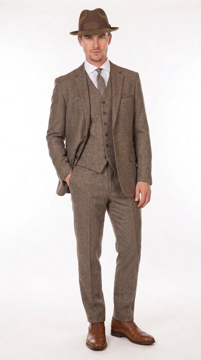 Menβs Brown Herringbone 3 Piece Suit β Vintage 1950s Inspired Tweed Vested Classic Suit
