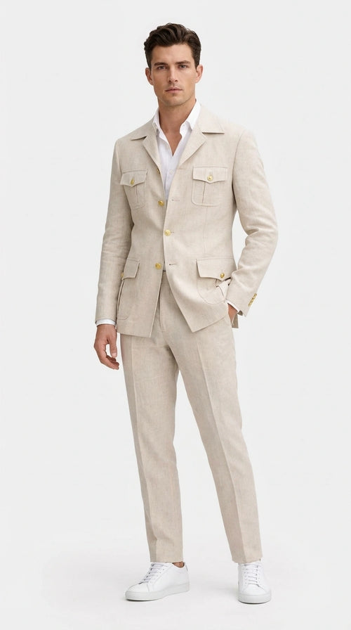 Mens Tan Beige Safari Military Walking Suit Set β Casual Two Piece Outfit Lightweight Summer Blazer and Pants Set Classic Casual Wear