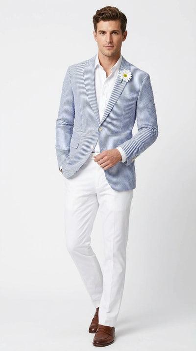 Mens Blue Seersucker Blazer β Lightweight Striped Summer Sport Coat Casual Smart Formal Jacket