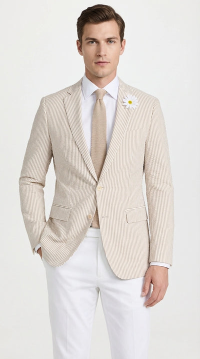 Mens Beige Seersucker Blazer β Lightweight Striped Summer Sport Coat Casual Smart Formal Jacket