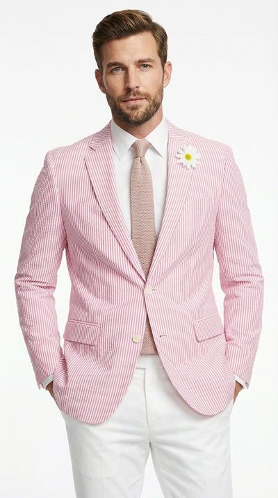 Mens Pink Seersucker Blazer β Lightweight Striped Summer Sport Coat Casual Smart Formal Jacket