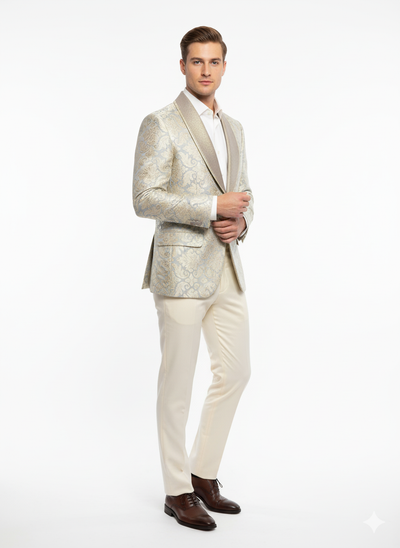 Men’s Champaign Silver and Cream Embroidered Luxury Blazer – Floral Pattern Wedding & Party Dinner Jacket in Light Tan Color