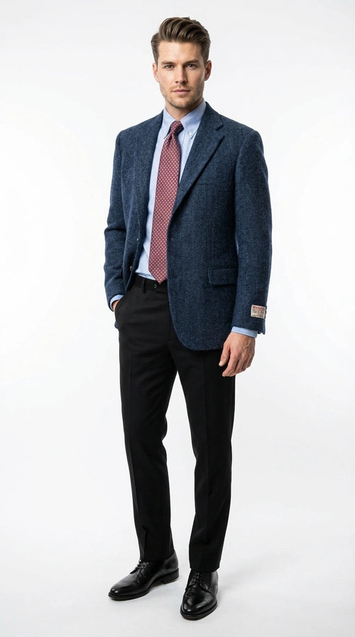 Mens Light Blue Tweed Blazer Sport Coat β Classic Herringbone Jacket Formal Business Casual Smart Outerwear in indigo cobalt blue