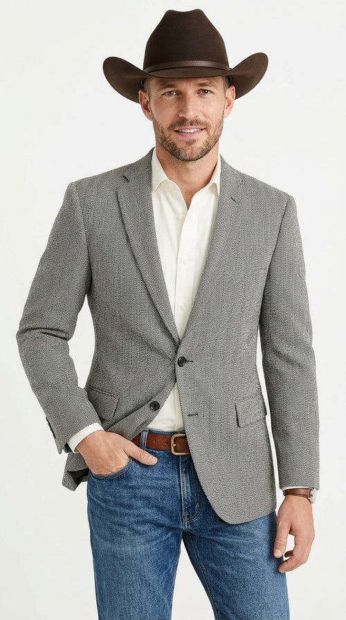Men’s Light Grey & Black Herringbone Western Blazer – Cowboy Sport Coat Jacket