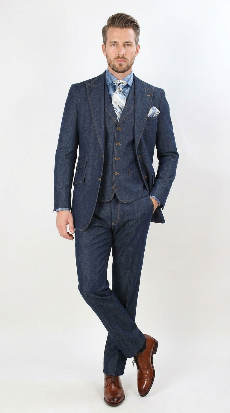 Men’s Pleated Pants Dark Blue Denim 3 Piece Suit – 100% Cotton Formal Suit Set, Blazer Vest Pants Outfit Classic Fit Athletic Fit Lose Fit – SuitUSA