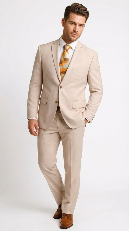 Vitali Men’s Natural Beige Pinstripe Suit – Summer Tan Pinstripe Weddings and Business Wear