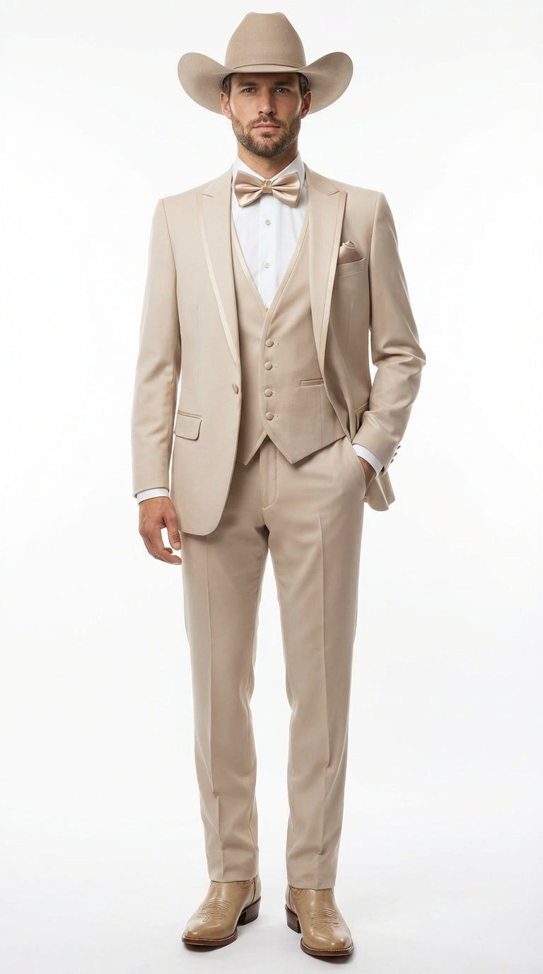 Mens Beige Tan Khaki CowboyTuxedo Suit – Western Formal Three Piece Suit with Jacket Vest and Pants – SuitUSA