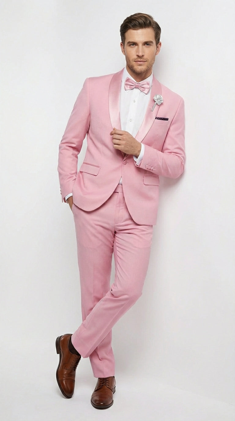 Mens Dusty Rose Pink Summer Tuxedo – Satin Shawl Lapel Formal Wedding Prom Suit