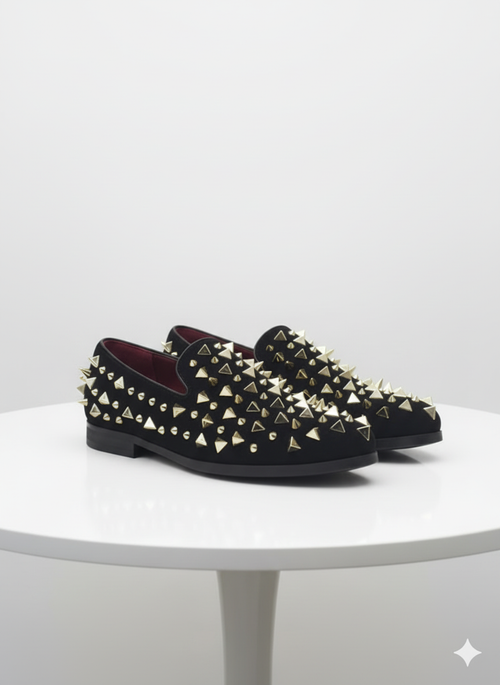 Men’s Studded Velvet Loafers - Designer Party and Prom Dress Shoes with Gold and Silver Spikes by USA Men's Outlet