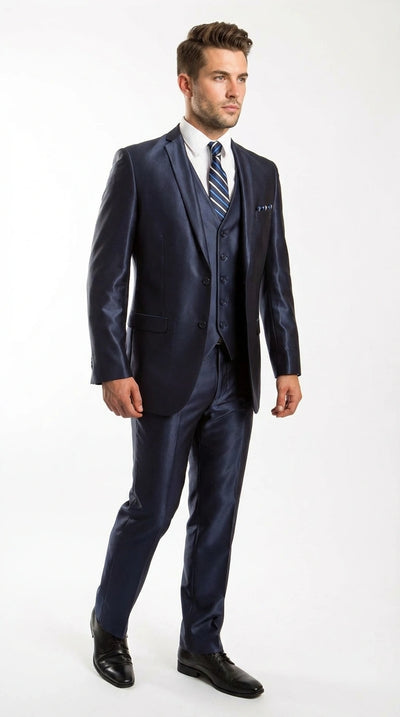 Men’s Navy Blue Sharkskin 3 Piece Suit – Two Button Vested Sleek Formal Suit for Wedding, Prom, Business and Party Wear