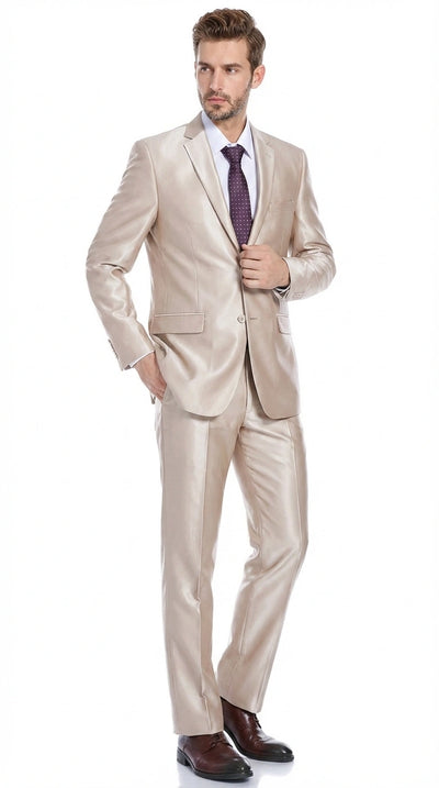 Men’s Champagne Tan Sharkskin 2 Button Suit – Shiny Formal Suit with Optional Vest for Wedding, Prom, Business Beige Color
