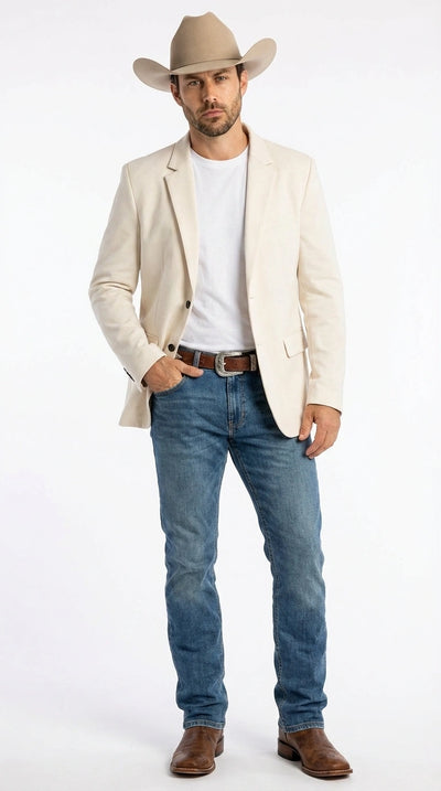 Men’s Off White Casual Blazer – Classic Western Style Lightweight Summer Cowboy Jacket Casual Ivory Cream Color
