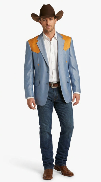 Men’s Sky Blue and Gold Western Cowboy Blazer – Classic Country Style Jacket, Vintage in Steel blue Color