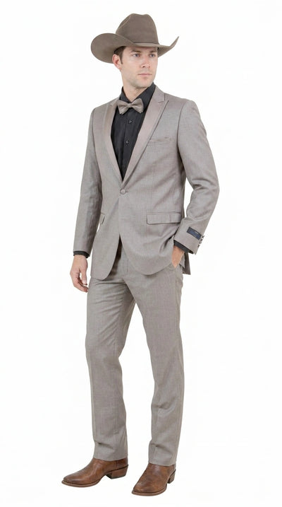 Men’s Light Taupe Western Tuxedo Suit – Cowboy Style Formal Blazer and Pants Outfit in Khaki Tan Light Brown Color