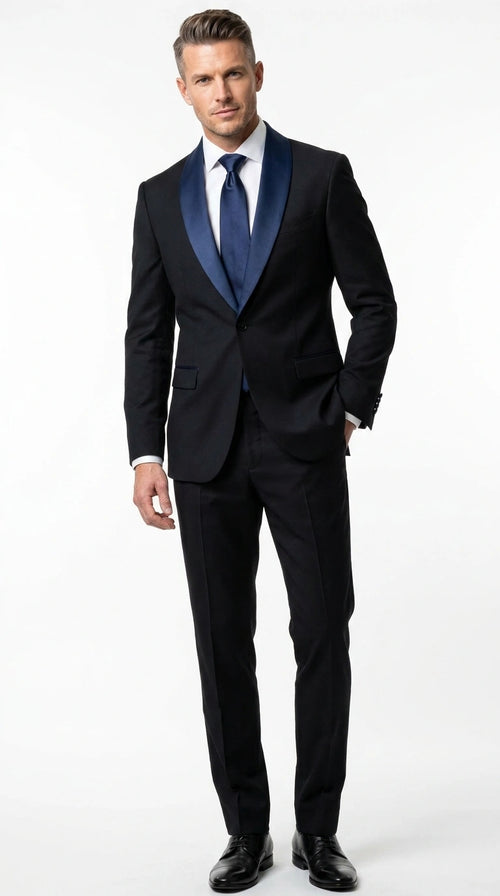 Men’s Black Suit with Navy Blue Lapel – Elegant Formal Tuxedo Style Suit for Wedding, Prom, Party and Evening Wear
