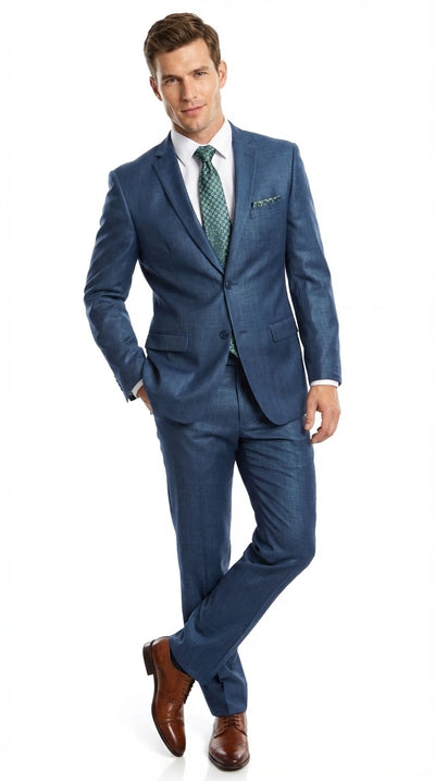 Men’s Indigo Blue Sharkskin Suit – Textured Shiny Formal Suit for Wedding, Business, 2 Buttons Slim Fitted