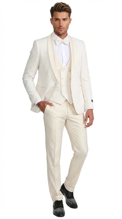 Men’s Ivory Paisley Tuxedo Suit 3 Piece – One Button Vested Satin Formal Suit for Wedding in Off white Cream Color