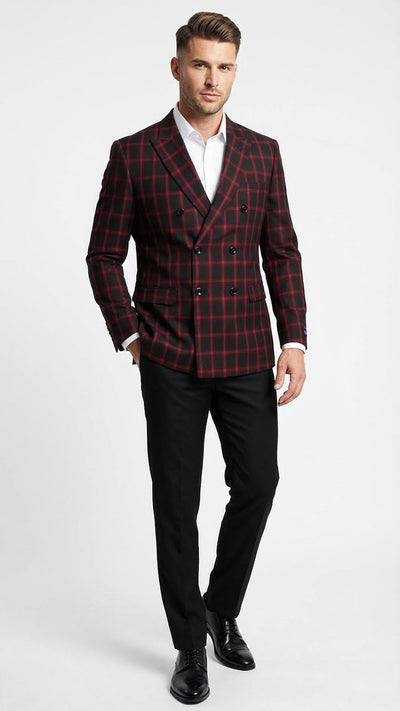 Men’s Black and Red Check Double Breasted Blazer – Sport Coat Jacket Windowpane Sportcoat Slim Fit