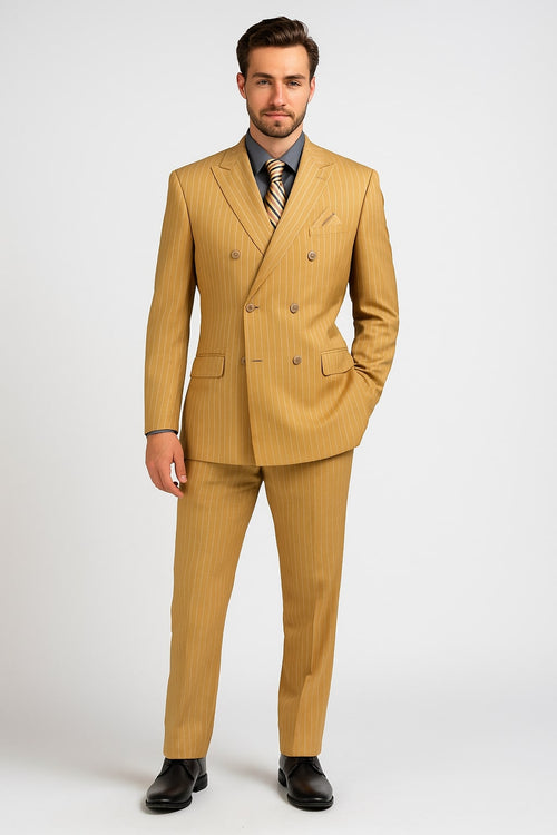 Mens Camel Tan Pinstripe Double-Breasted Suit - Bold 6-Button Modern Vintage Style by USA Men's Outlet