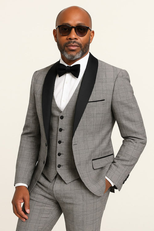 Men's Black Plaid Tuxedo – 3 Piece Suit with Black Velvet Shawl Lapel - Gray Glein Tartan Pattern Wedding Suit