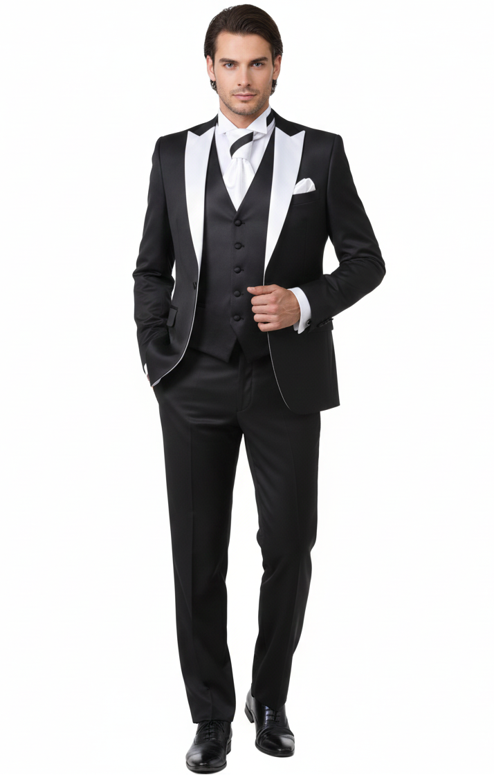Men’s Black and White Lapel Prom Tuxedo Suit + Black Vest + Black Pants Peak Lapel – SuitUSA