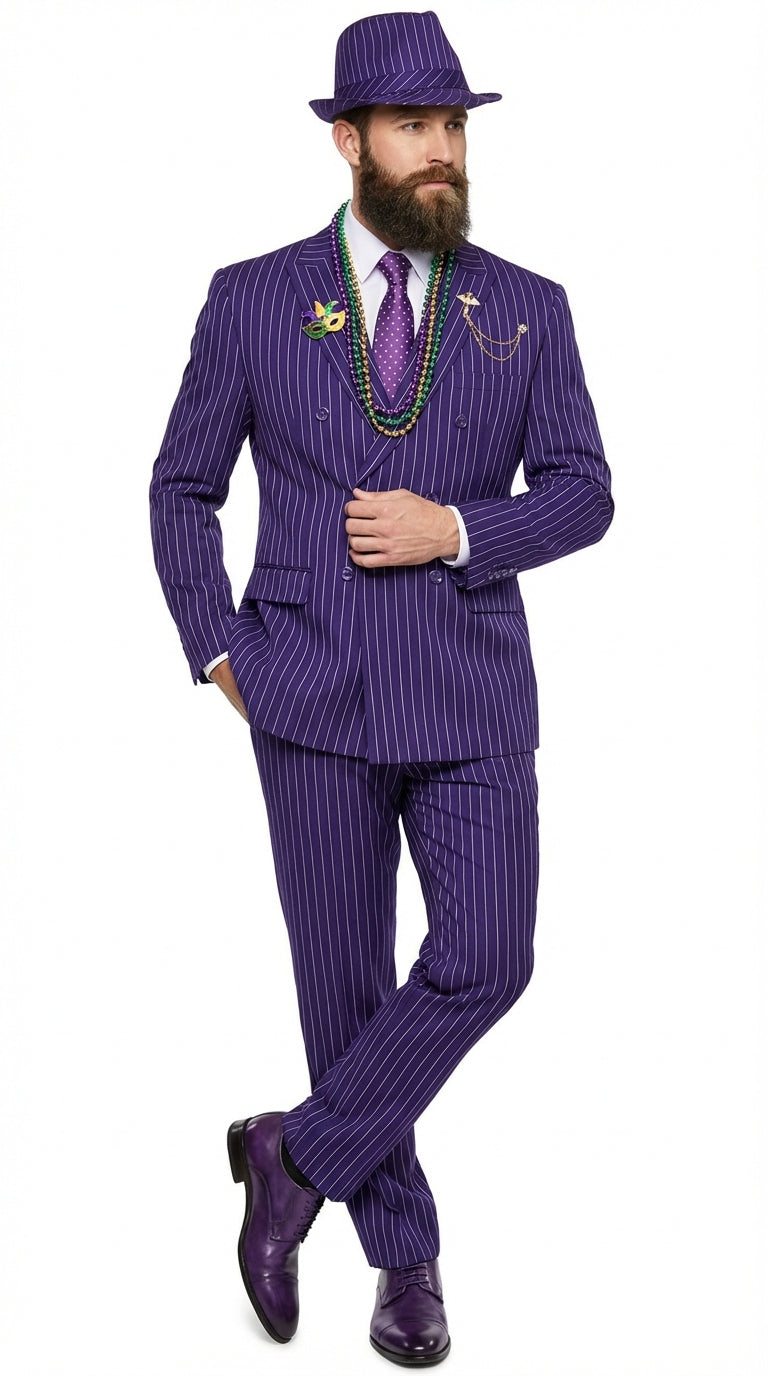 Men’s Purple Pinstripe Mardi Gras Suit | Classic Double Breasted Formal Carnival Suit – SuitUSA