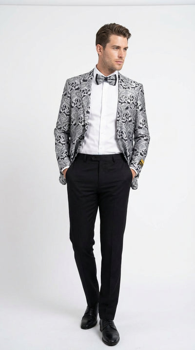 Men’s Silver and Black Paisley Prom Blazer Jacket | Printed Formal Evening Tuxedo Blazer + Free Matching Bow Tie