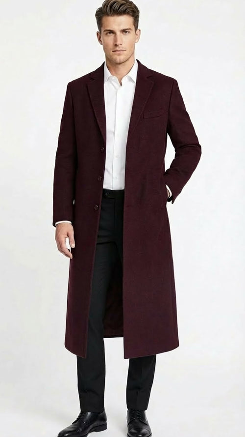 Men’s Burgundy Long Coat – Classic Fit Wool Blend Overcoat - Topcoat Full length
