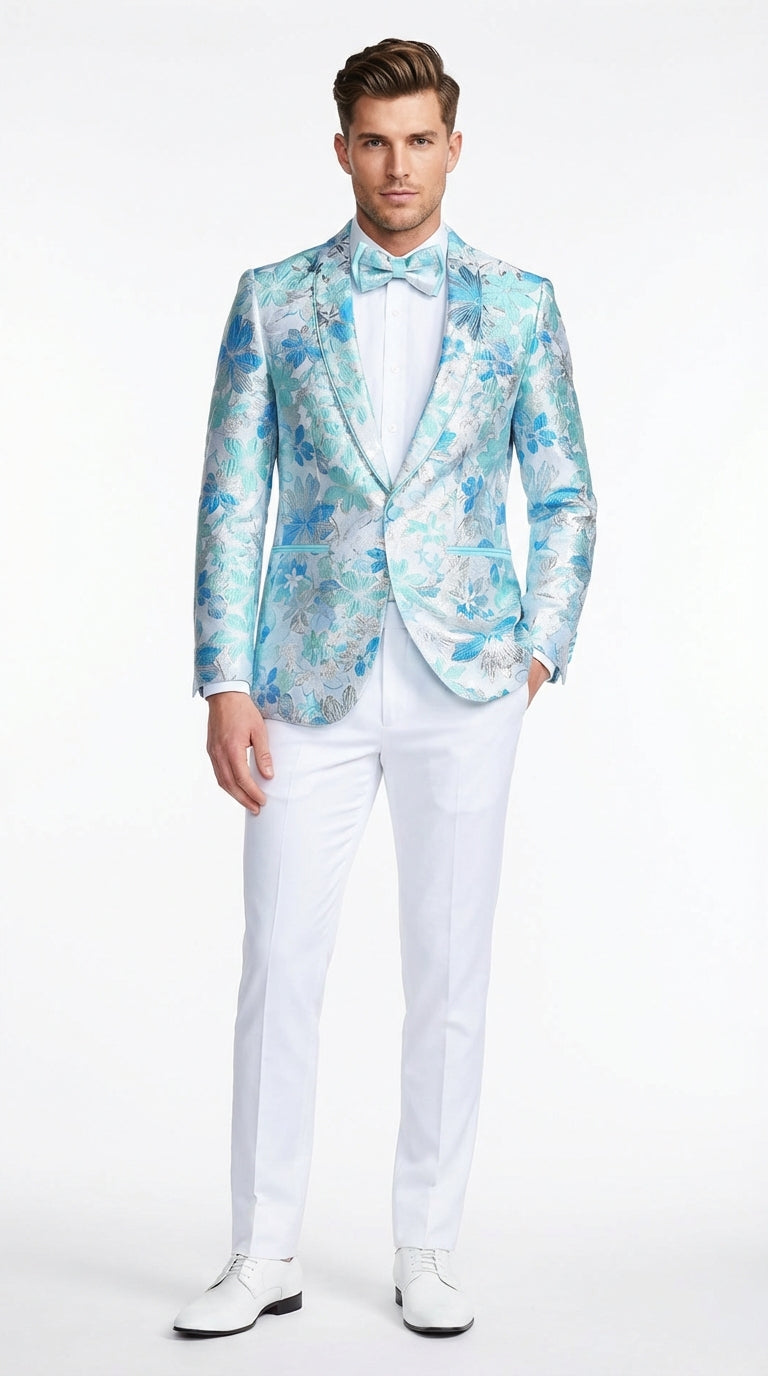 Men’s Light Blue Floral Jacquard Tuxedo Jacket with Matching Bow Tie | Formal Prom Wedding Blazer + Bowtie Turqoise Aqua Color – SuitUSA