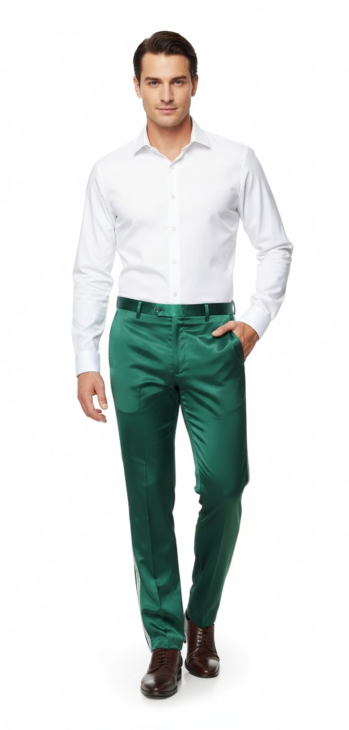Men's Emerald Green Satin Slim Fit Dress Pants – Shiny Formal Party and Wedding Trousers – SuitUSA