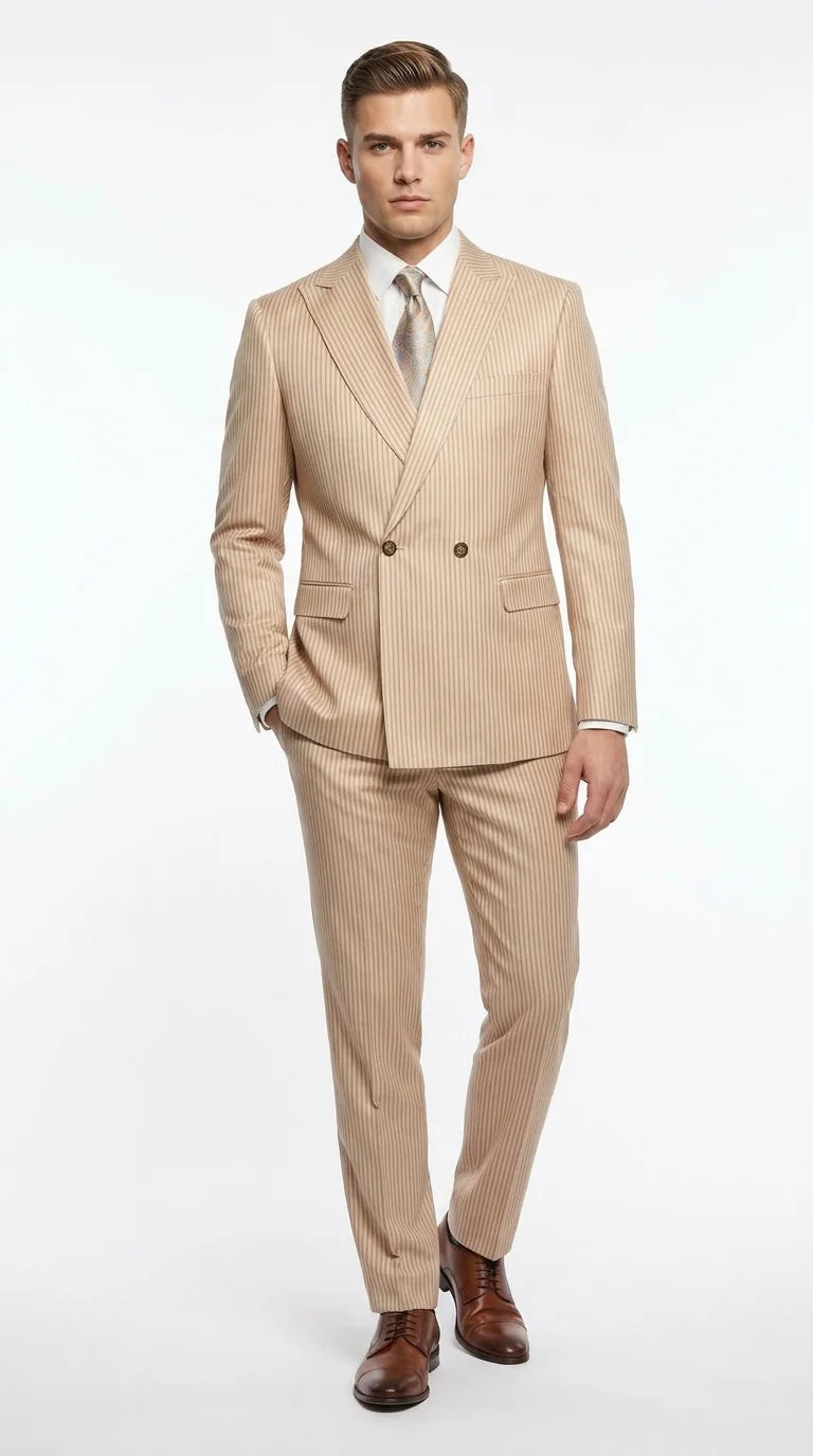 Vitali Menβs Tone on Tone Beige Pinstripe 2 Piece Suit, Double Breasted Summer Dress Suit for Weddings, Tan Beige Shadow Pinstripe