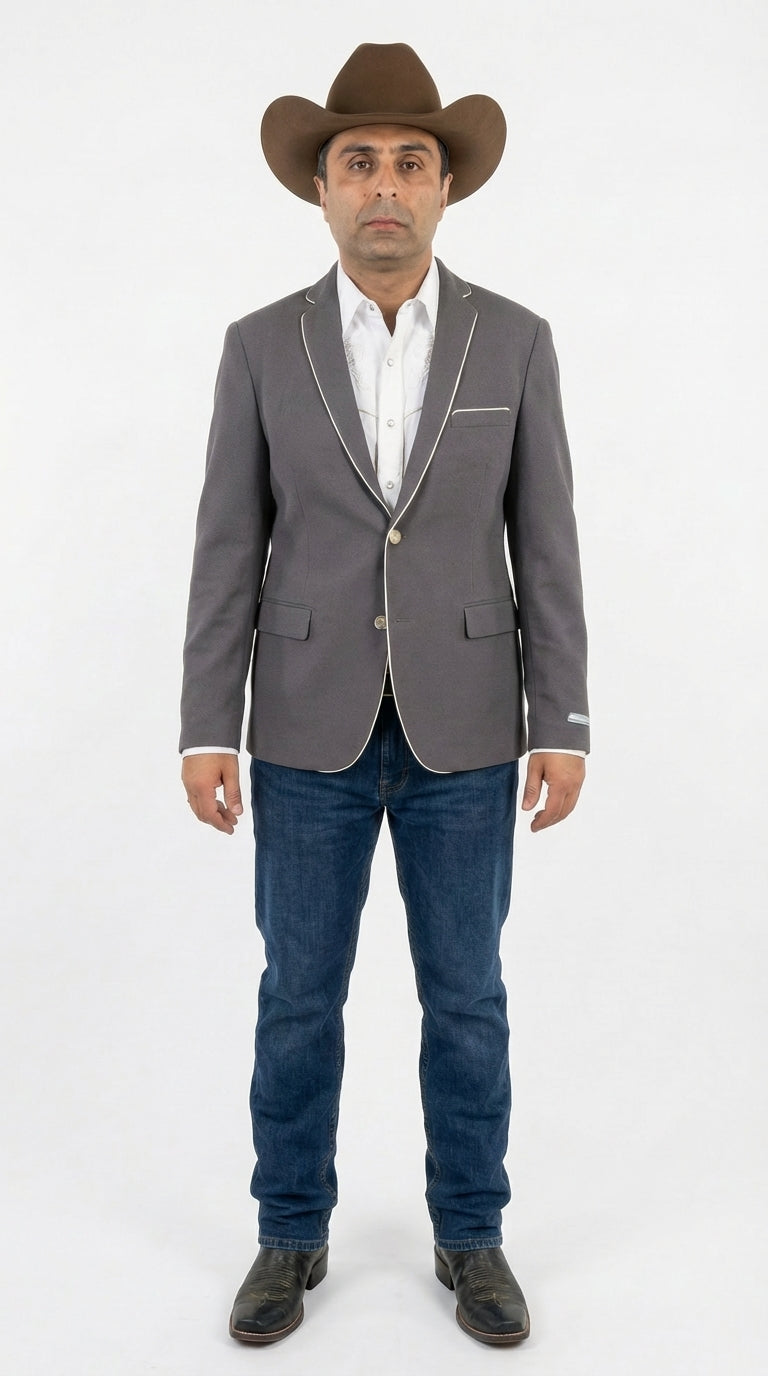 Mens Grey and White Trim Western Blazer β Classic Fit Cowboy Style Contrast Trim Dress Jacket