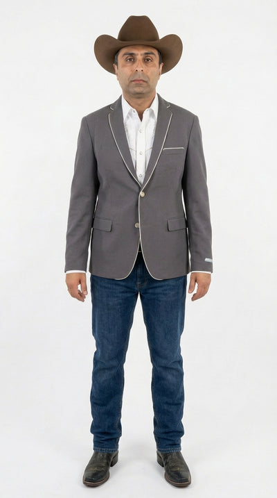 Mens Grey and White Trim Western Blazer – Classic Fit Cowboy Style Contrast Trim Dress Jacket