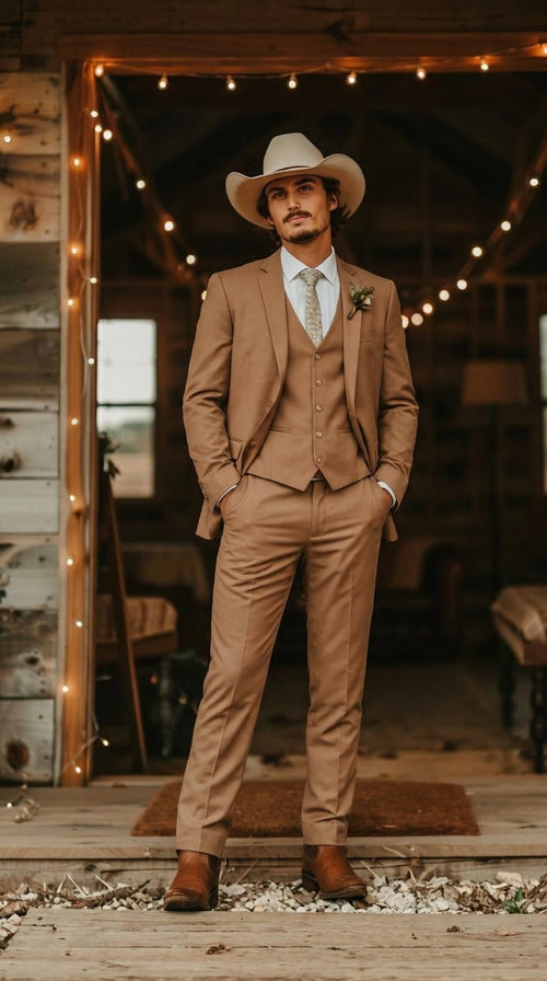 Mens Camel Brown Copper Western 3 Piece Suit β Classic Country Style Blazer Vest Pants Set, Formal Cowboy Suit Outfit
