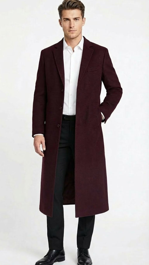 Men’s Burgundy Long Coat - Classic Fit Wool Blend Overcoat - Topcoat Full length USA Men's Outlet