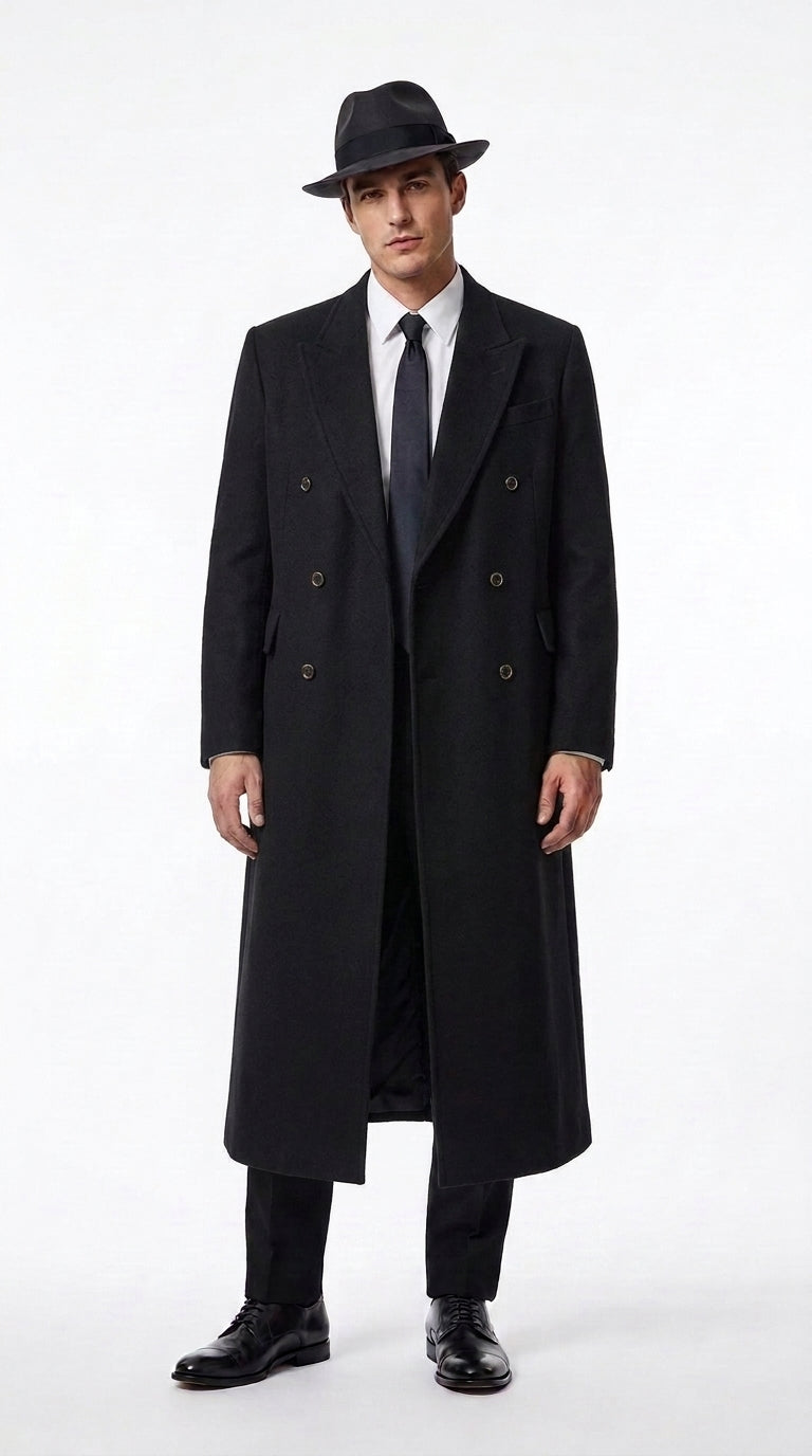 Men’s Godfather Black Double-Breasted Long Overcoat – Vintage Mobster Gangster Coat