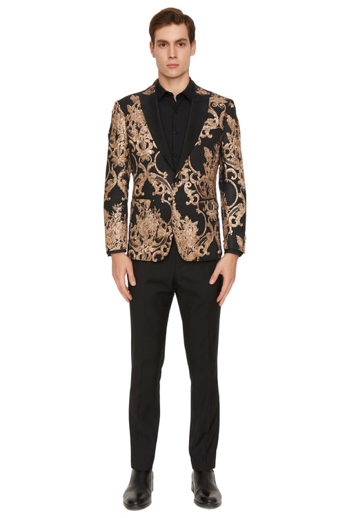 Mens Black and Rose Gold Floral Embroidered Blazer Suit Black Pants - Luxury Tuxedo Jacket for Weddings, Proms and Parties by USA Men's Outlet