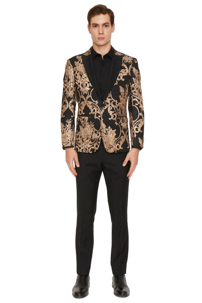 Mens Black and Rose Gold Floral Embroidered Blazer Suit Black Pants – Luxury Tuxedo Jacket for Weddings, Proms and Parties
