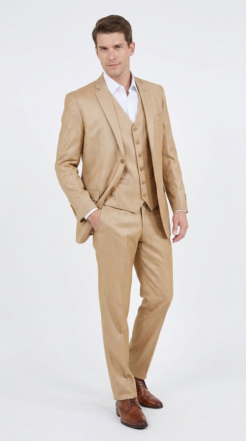 Men’s Camel Khaki Bronze Sharkskin 3-Piece Suit – Modern Wedding, Business and Formal Suit with Matching Vest