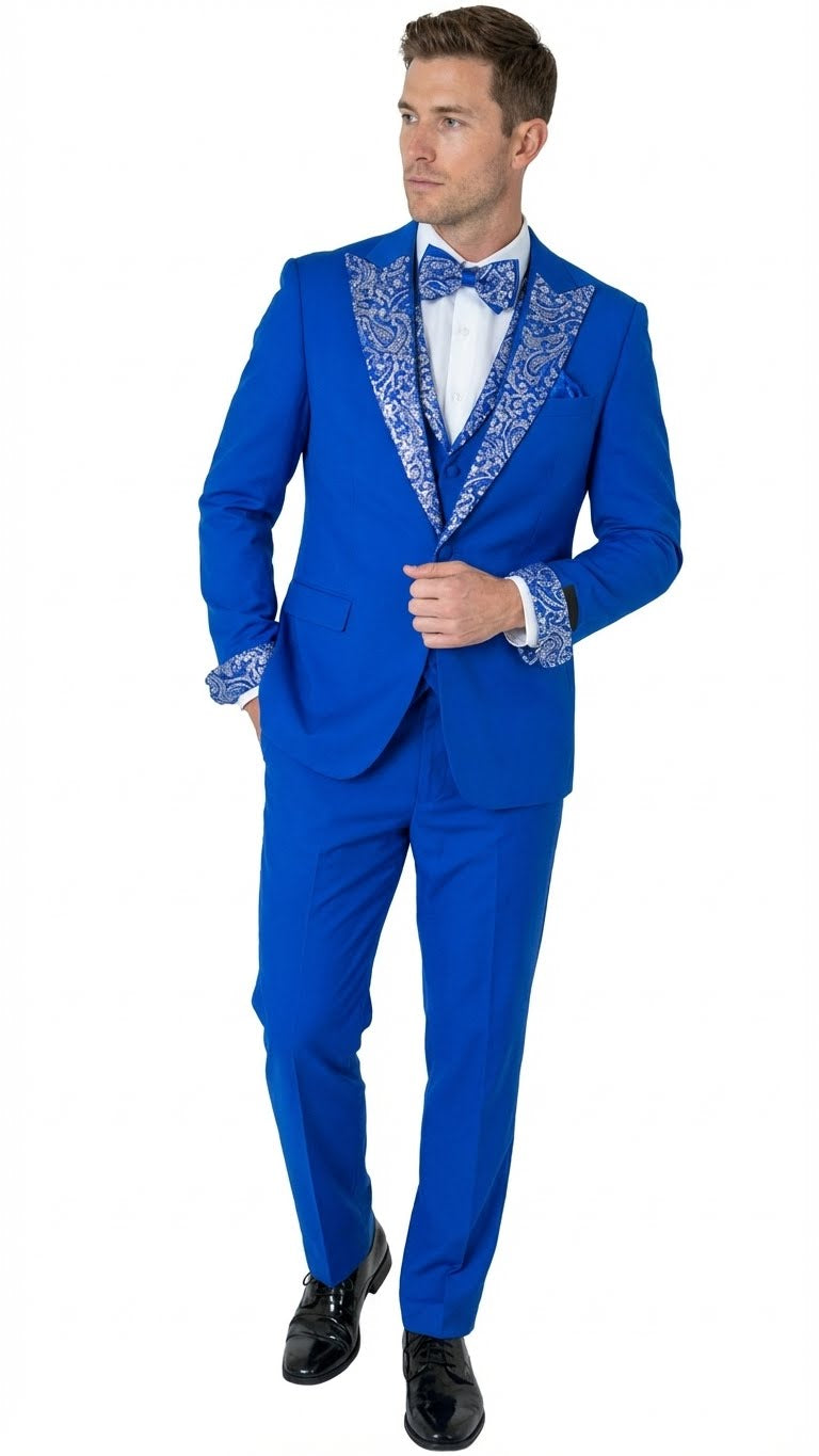 Men’s Bright Royal Blue and White lapel Embellished Tuxedo Suit – 3-Piece Formal Wedding, Prom, and Gala Outfit – SuitUSA
