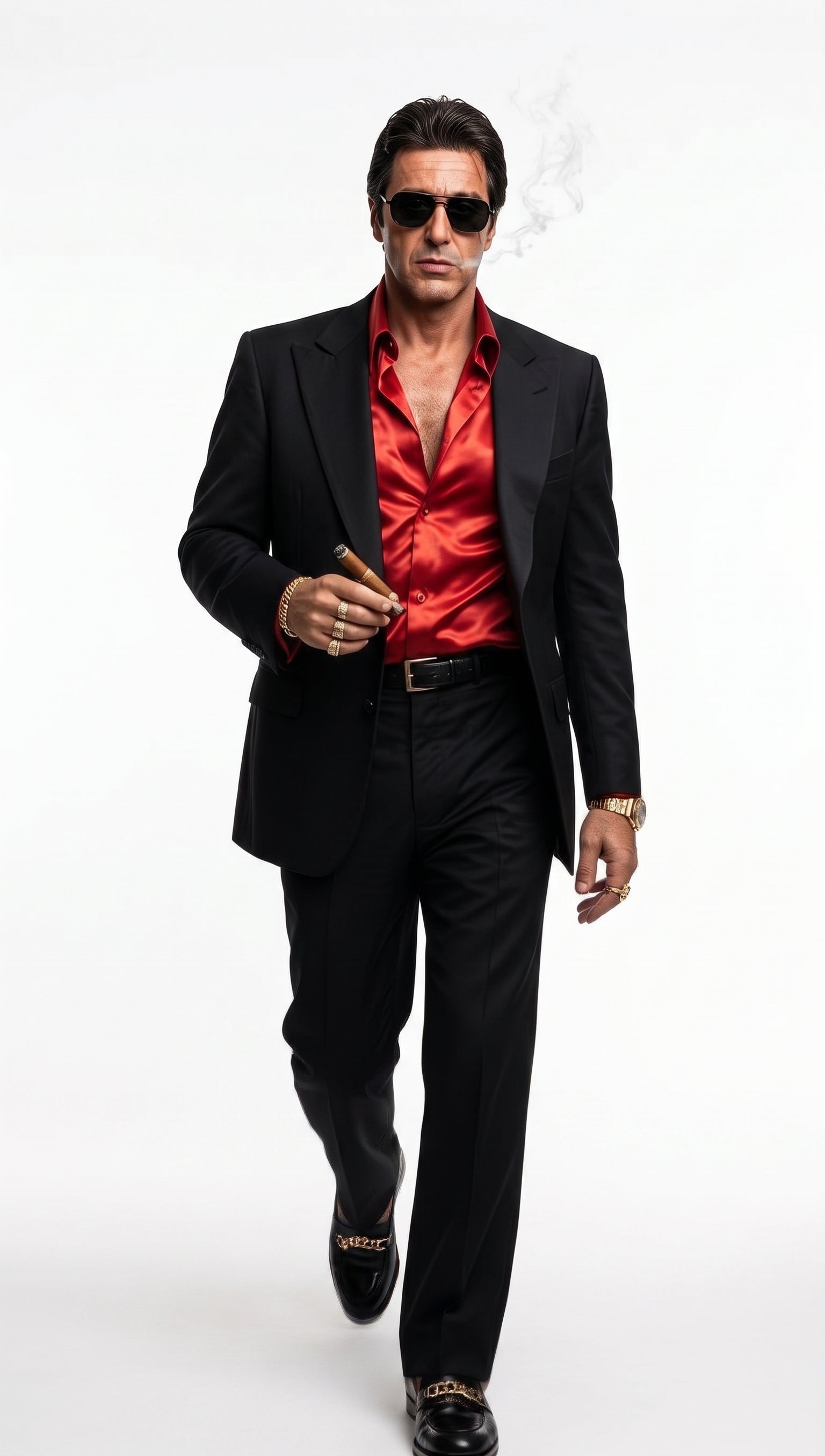 Tony Montana’s Black Blazer with Red Sateen Shirt – Men’s Black Formal Blazer and Red Satin Style Shirt Outfit for Party, Wedding and Vintage Wear – SuitUSA